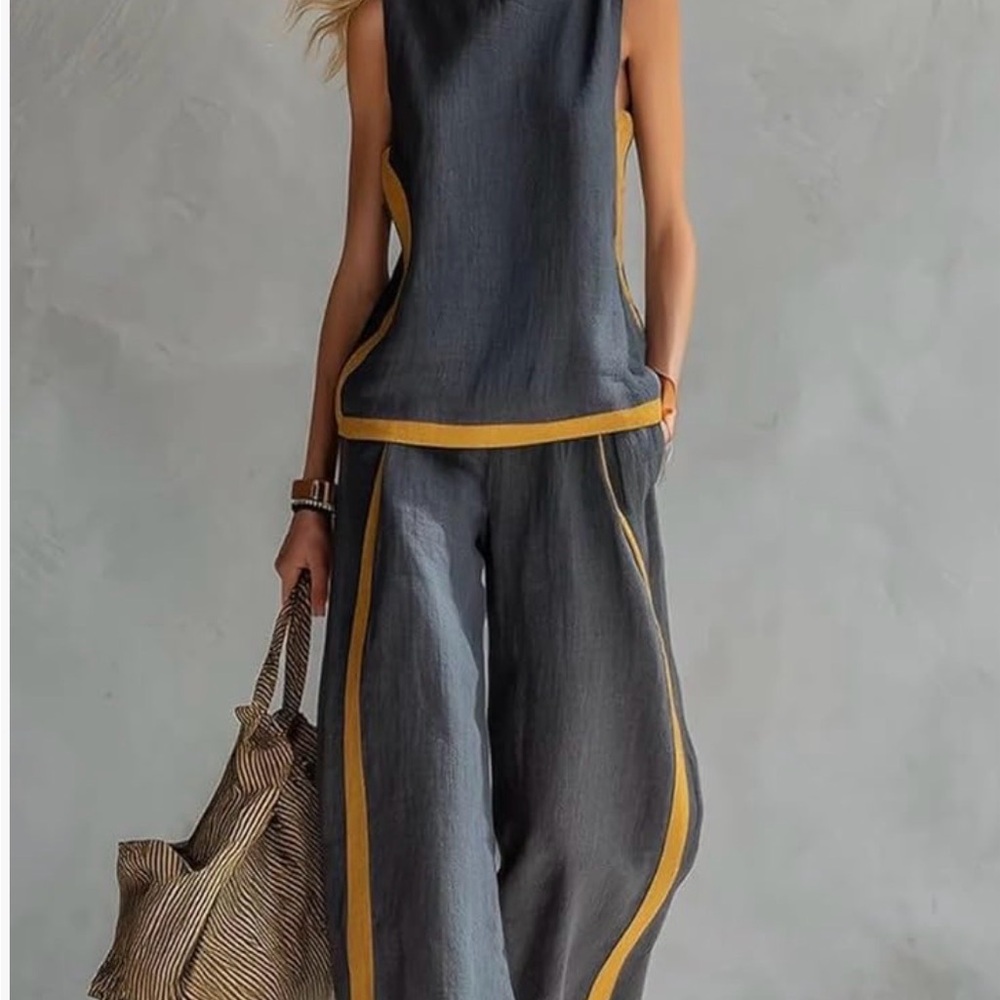 Women's Charcoal Linen Wide-Leg Pants with Mustard Trim